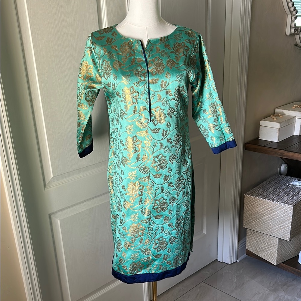 Teal Kurta with Gold Brocade Floral Pattern and 3/4 Sleeves
